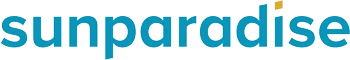 Logo von Sunparadise in blauer Schrift mit gelbem Akzent, moderner Schriftstil.