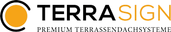 Logo von Terrasign mit gelbem Kreis, Schriftzug und Text "Premium Terrassendachsysteme".